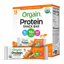 Orgain Protein Snack Bar 12-pack box with peanut butter flavored individual wrapped bars displaying nutrition information and