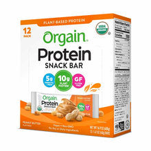 Orgain Protein Snack Bar 12-pack box in peanut butter flavor with USDA Organic certification and nutrition facts panel visibl