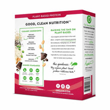 Orgain plant-based protein snack bar box with red and white packaging, displaying ingredient information and nutrition claims