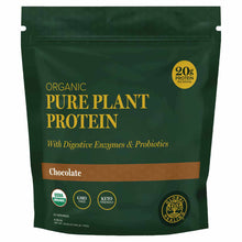 Green resealable pouch of chocolate-flavored plant protein powder with gold text and certification badges.