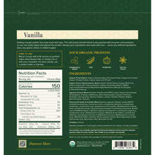 Vanilla-flavored protein powder container back label displaying nutrition facts, ingredients, and four organic protein source