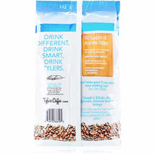 Tylers Coffee 12 oz bag of organic regular ground coffee with blue and white packaging and visible coffee beans at bottom.