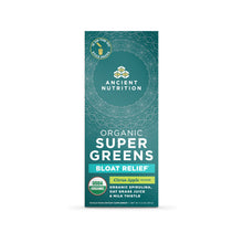 Box of Ancient Nutrition Organic Super Greens Bloat Relief stick packs in Citrus Apple flavor with USDA Organic certification