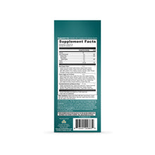 Teal supplement package back label displaying Supplement Facts, ingredients, and barcode for Ancient Nutrition greens product