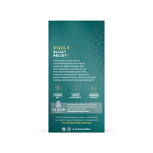 Teal box of Ancient Nutrition Daily Bloat Relief stick packs with gold text and decorative patterns.