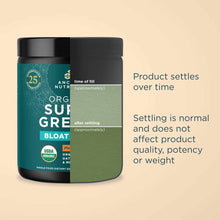 Black and teal powder supplement jar with "Organic SuperGreens + Bloat" label and USDA Organic certification, showing before