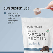 Hand holding scoop of tan powder above Pure Power organic vegan protein bag with chocolate flavor, USDA organic seal visible.