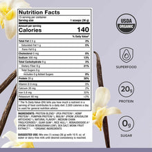 Nutrition facts label for organic vegan protein powder with vanilla bean and ingredient list on lavender background.