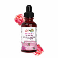 Dark amber glass dropper bottle of MaryRuth's Organics Women's Wellness & Menstrual Support liquid extract with pink flowers.
