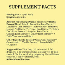 Supplement Facts label for Urban Moonshine Original Bitters on yellow background with serving size, ingredients, and usage in
