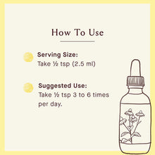 Bitters bottle with dropper top and herbal flower illustration, displayed with serving instructions on cream background.