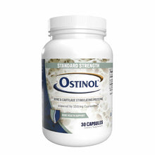 White bottle of Ostinol Standard Strength containing 30 capsules with blue and teal label.