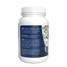White plastic bottle with white ridged cap and dark blue label containing Ostinol Standard 150 supplement capsules.