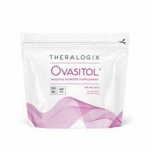 White pouch of Theralogix Ovasitol inositol powder supplement with pink wavy design, 180 packets labeled.