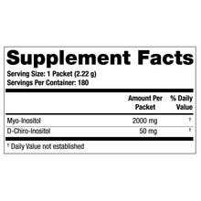Supplement Facts label showing 180 packets with Myo-Inositol 2000mg and D-Chiro-Inositol 50mg per packet.