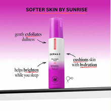 Derma E Overnight Peel bottle with magenta cap and white label on pink background with product benefit callouts.
