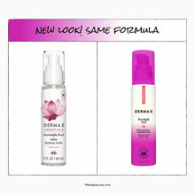 Derma E Overnight Peel 2 oz bottle with pump dispenser and magenta cap shown in current and new packaging versions.