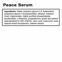 Peace Serum label displaying product name and complete ingredient list on white background.