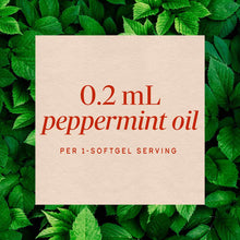 Cream-colored label displaying "0.2mL peppermint oil per 1-softgel serving" text on background of fresh green peppermint leav
