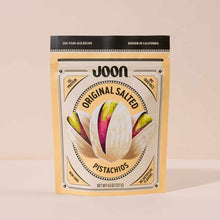 Joon Original Salted Pistachios package with cream and red pistachios displayed on gold pouch, 4.5 oz.