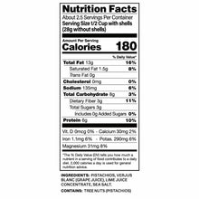 Nutrition facts label for pistachios showing 180 calories per serving, 6g protein, and ingredient list including pistachios,