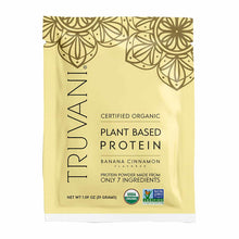 Truvani certified organic plant-based protein powder packet in banana cinnamon flavor, 1.09 oz single serving.