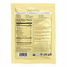 Truvani banana cinnamon flavored plant-based protein packet with nutrition facts and ingredient list on yellow background.