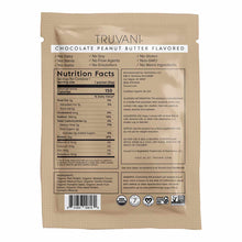 Truvani chocolate peanut butter flavored protein packet with nutrition facts and ingredient list on beige background.