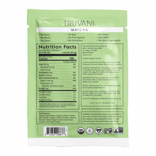 Truvani Matcha plant-based protein packet with nutrition facts, ingredient list, and certification badges on green background
