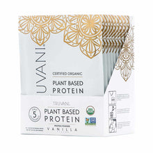 Truvani certified organic plant-based vanilla protein powder box containing ten 1.02 oz individual packets with gold decorati