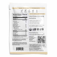 Truvani plant-based protein powder packet with vanilla flavor, showing nutrition facts and protein cookie dough recipe instru