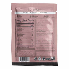 Truvani vanilla chai flavored plant-based protein powder packet with nutrition facts, ingredients, and certification labels o