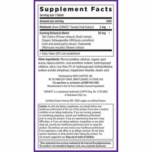 New Chapter Plant Melatonin supplement facts label showing 2 mg melatonin per tablet and evening botanical blend ingredients.