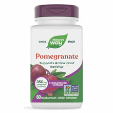 White bottle with purple cap containing Nature's Way Pomegranate Extract 350 mg, 60 vegan capsules.