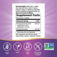 Supplement label for Nature's Way pomegranate extract showing dosage, ingredients, and certifications for gluten-free, vegan,