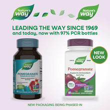 Two Nature's Way Pomegranate Premium Extract 350mg supplement bottles, one dark glass and one white plastic, with 60 vegan ca
