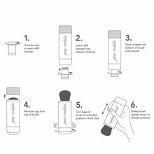 Instructional diagram showing six steps for assembling and using a cylindrical brush applicator with refillable powder canist