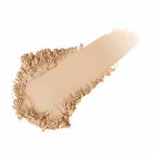 Beige loose powder sunscreen with textured and smooth swatches showing application.