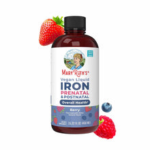 Dark amber glass bottle with black cap labeled "MaryRuth's Vegan Liquid Iron Prenatal & Postnatal" in berry flavor, surrounde