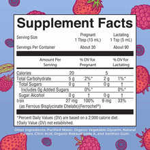 Supplement Facts label for prenatal and postnatal liquid iron with serving sizes and nutritional information on berry-pattern