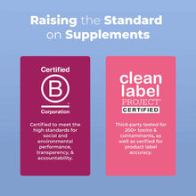 Two certification badges on blue background: Certified B Corporation logo on burgundy card, Clean Label Project Certified log