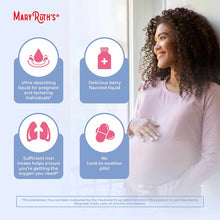MaryRuth's Organics prenatal and postnatal liquid iron supplement with berry flavor, shown with product benefit icons and pre