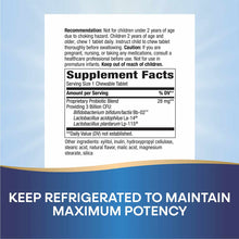 Supplement facts label for probiotic chewable tablets with usage recommendations and ingredient list.