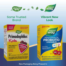 Two Primadophilus Kids probiotic chewable tablet packages side by side showing old and new yellow packaging designs with cher
