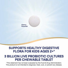 Cherry-flavored probiotic chewable tablet, round white pill on light blue background.