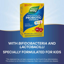 Primadophilus Kids probiotic chewables bottle with yellow and blue packaging, cherry flavor, 30 tablets, age 2+.