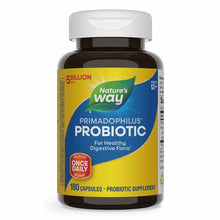 Dark glass bottle with white cap labeled "Nature's Way Primadophilus Probiotic 5 Billion CFU, 180 capsules."