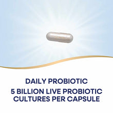 Silver probiotic capsule against light blue sky background with gold wave accent and text describing daily probiotic formula.