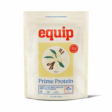 A cream-colored pouch of Equip Prime Protein vanilla grass-fed beef isolate powder with a vanilla flower illustration and a 20g protein badge.