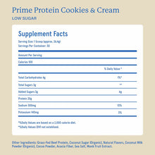 Supplement facts panel for Cookies & Cream low sugar protein powder listing 100 calories, 20g protein, and 30 servings per container.